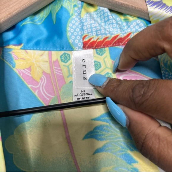 Natori Women Kimono Robe Medium‎ Satin Longline Duster Floral Crane Blue Yellow - Picture 6 of 9